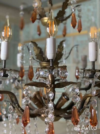Антикварная бронзовая хрустальная люстра 14 ламп