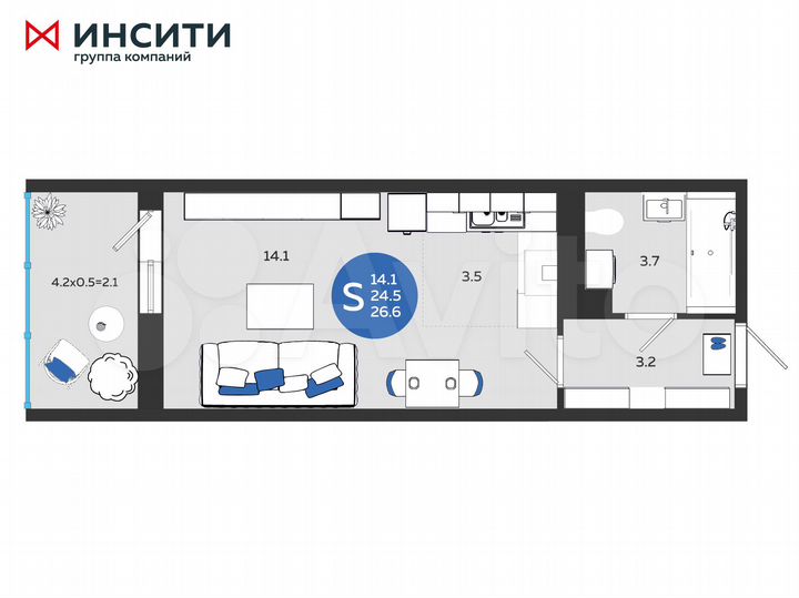 Квартира-студия, 26,6 м², 19/24 эт.