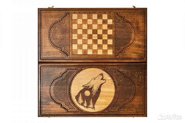 Нарды и шашки резные Волк под луной 61 х 61 см бук Армения 62437