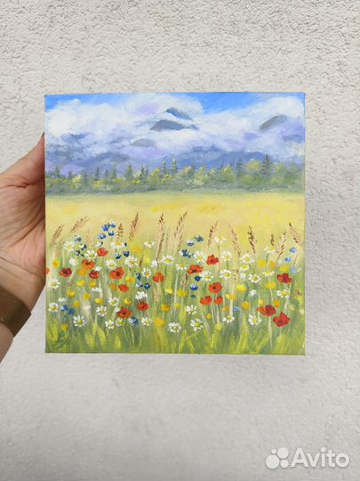 Картина маслом пейзаж с маками 20х20