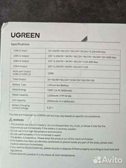 Повербанк Ugreen PB721 (35524) 20000mAh 130W