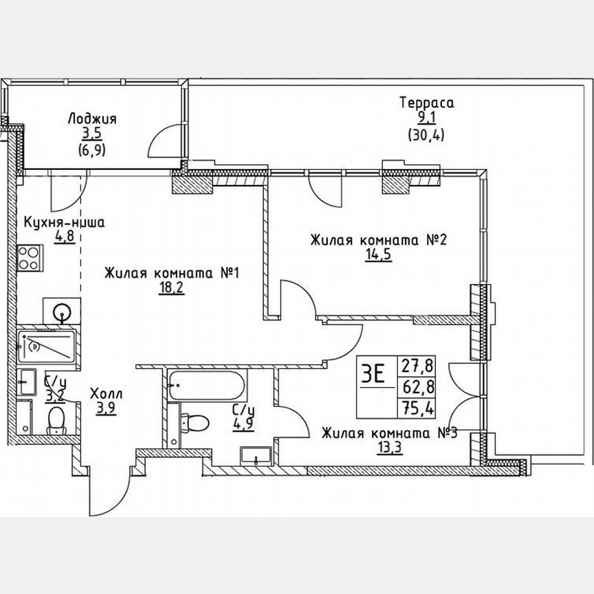 2-к. квартира, 62,8 м², 2/19 эт.