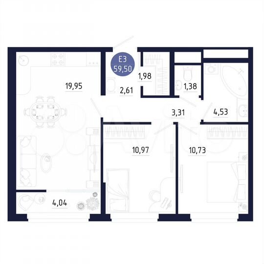 2-к. квартира, 59,5 м², 18/25 эт.