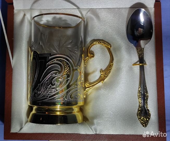 Набор Подстаканник со стаканом и ложкой Герб Росии