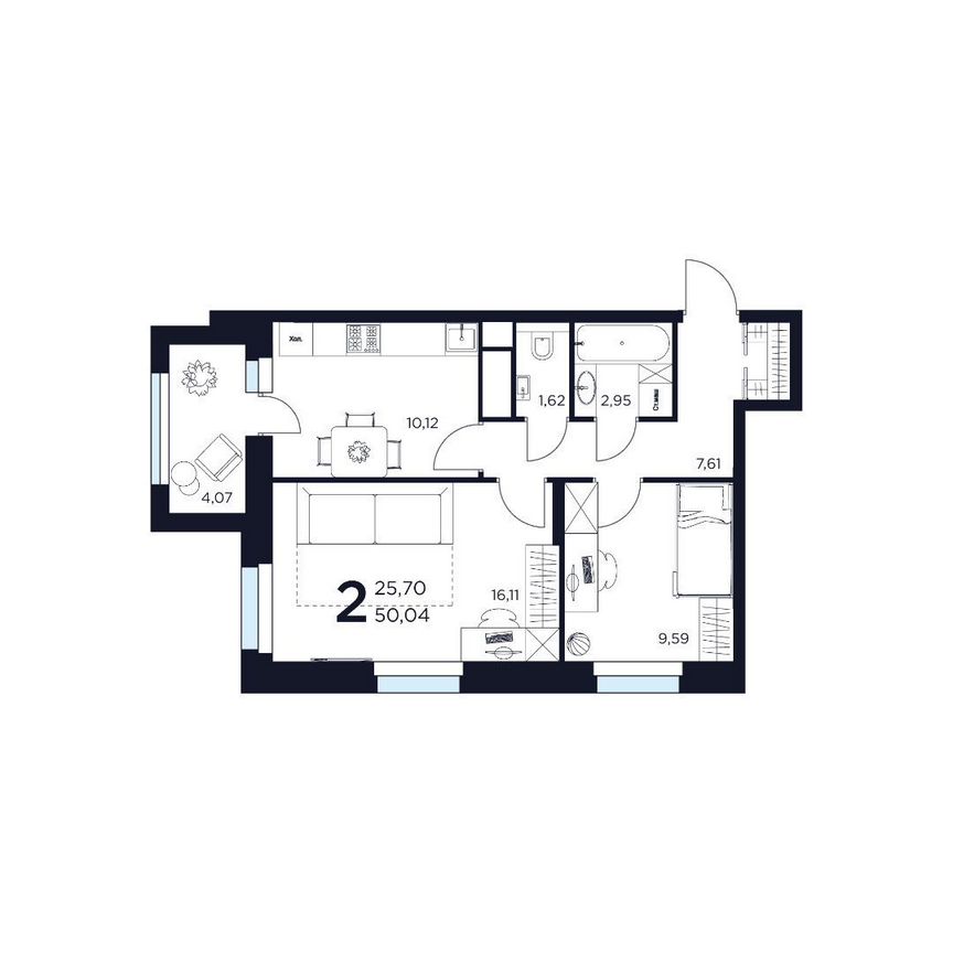 2-к. квартира, 50 м², 2/12 эт.
