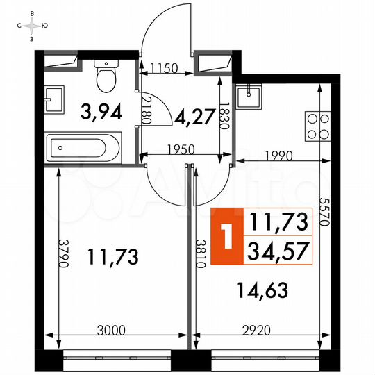 1-к. апартаменты, 34,6 м², 14/15 эт.