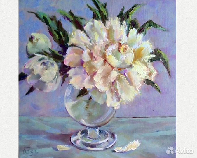 Картина маслом пион в вазе, белый пион