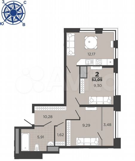 2-к. квартира, 52,1 м², 5/26 эт.