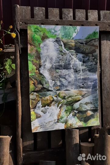 Картина акварелью; Пещерский водопад