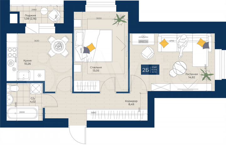 2-к. квартира, 51,7 м², 5/5 эт.