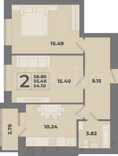 2-к. квартира, 56,9 м², 3/10 эт.