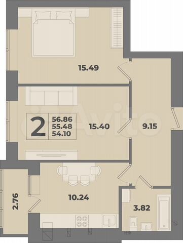 2-к. квартира, 56,9 м², 3/10 эт.