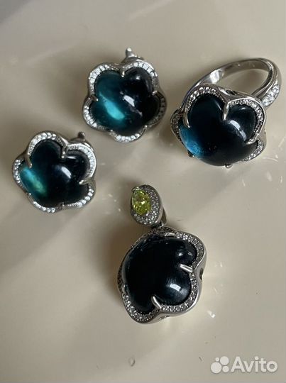 Серьги, кулон, кольцо серебро