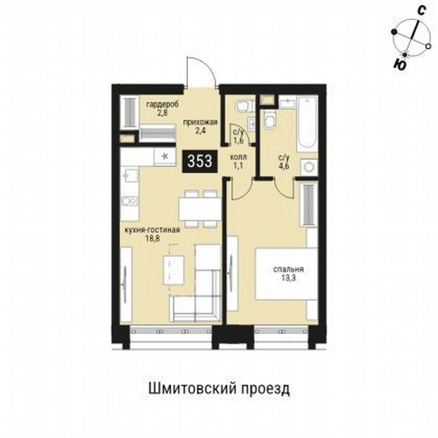 1-к. квартира, 44,6 м², 3/36 эт.