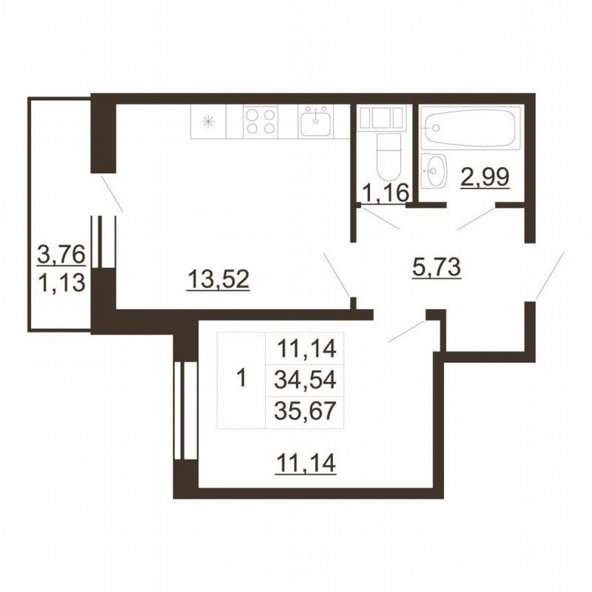 1-к. квартира, 35,7 м², 4/6 эт.