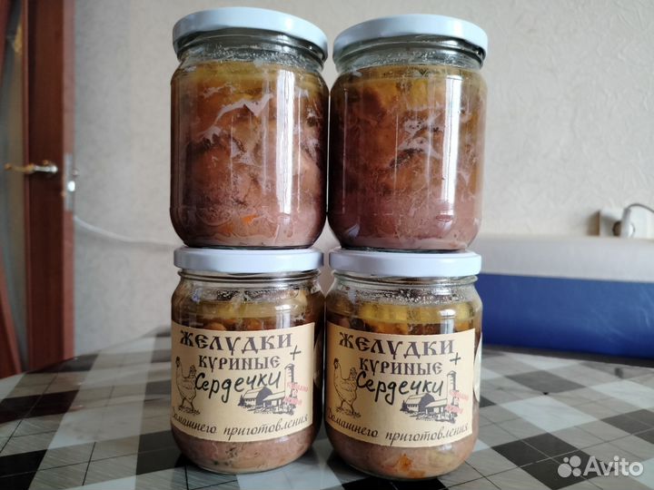 Тушёнка из куриных желудков и сердечек