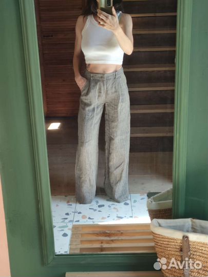 Брюки палаццо лен серый меланж 40-42