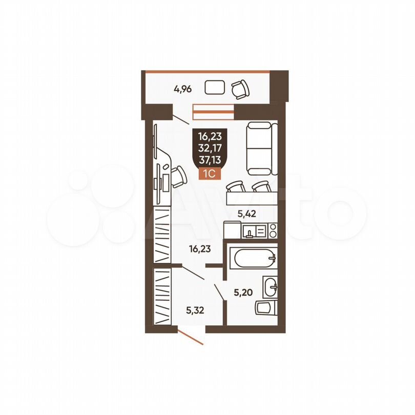 Квартира-студия, 34,7 м², 4/19 эт.