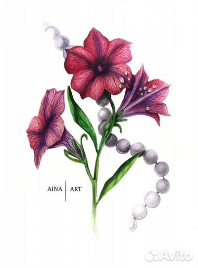 Акварельные живопись пион, роза, георгин, петуния