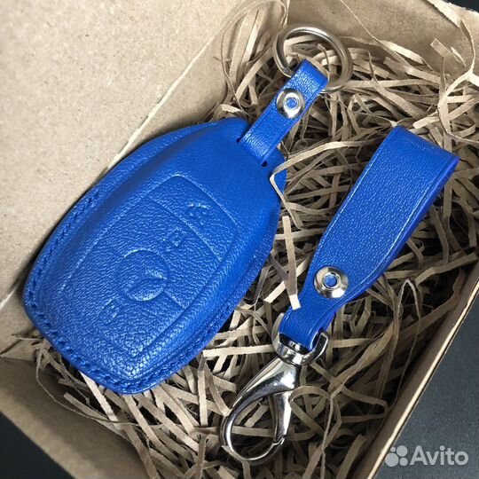 Чехол для ключа Mercedes синий кожаный