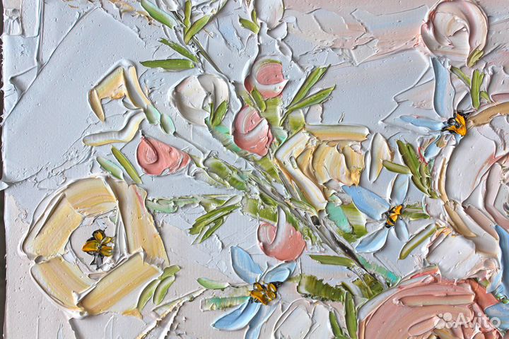 Картина с букетом роз абстрактная текстурная масло