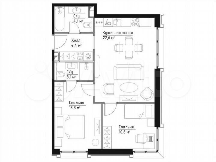 2-к. квартира, 58,3 м², 9/27 эт.