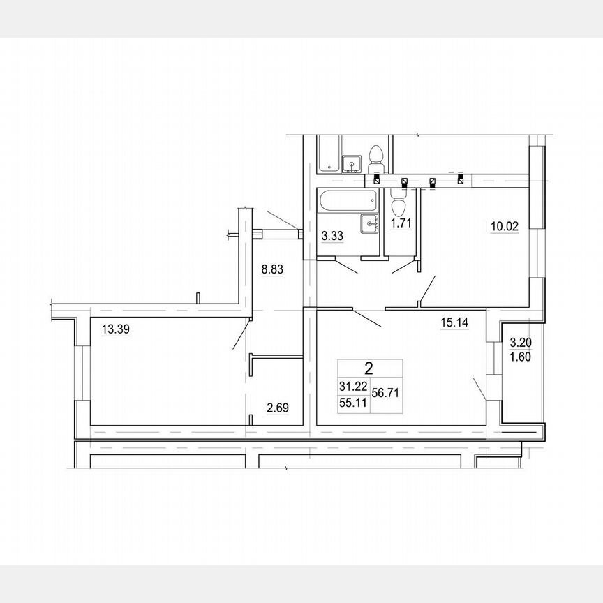 2-к. квартира, 56,7 м², 2/3 эт.