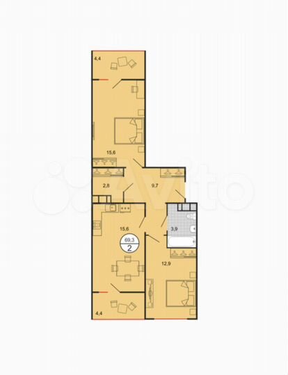 2-к. квартира, 69,3 м², 7/19 эт.