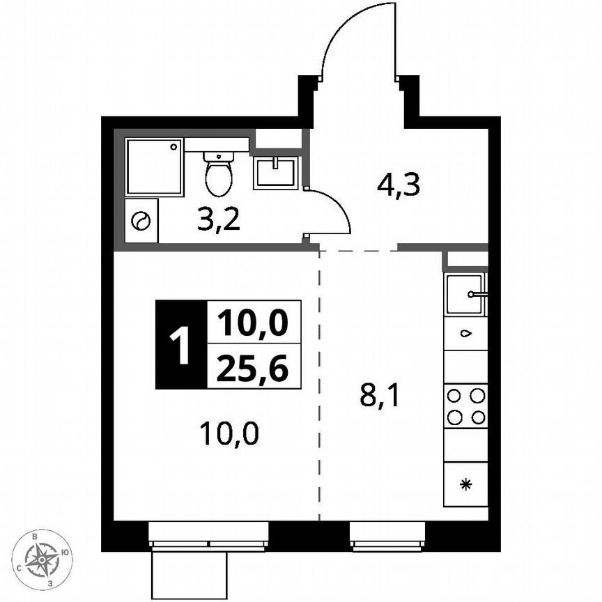 Квартира-студия, 25,6 м², 16/17 эт.