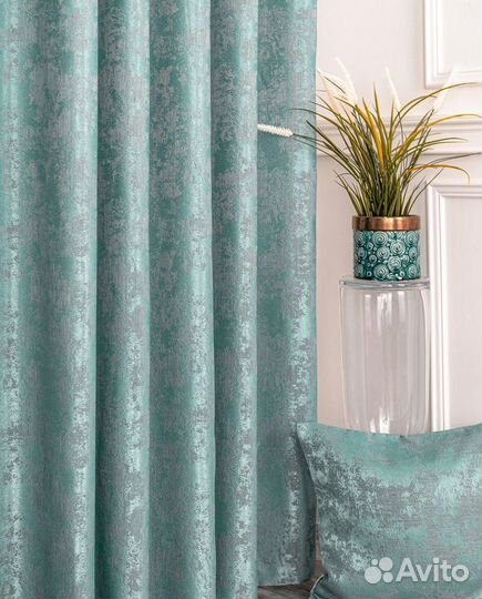 Портьеры шторы мрамор Зарина бирюза с тюлью Вуаль