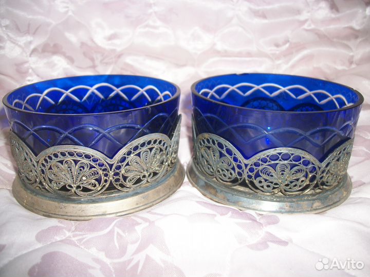 Конфетница мельхиор синее стекло СССР