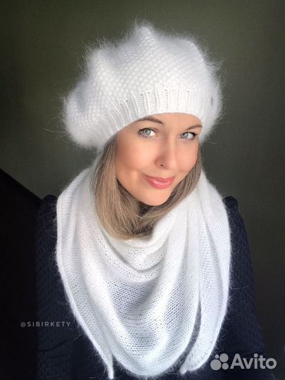 Берет вязаный и косынка пух норки