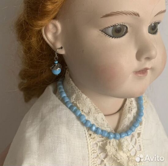 Антикварная кукла серьги Ожерелье стекло бирюзовое