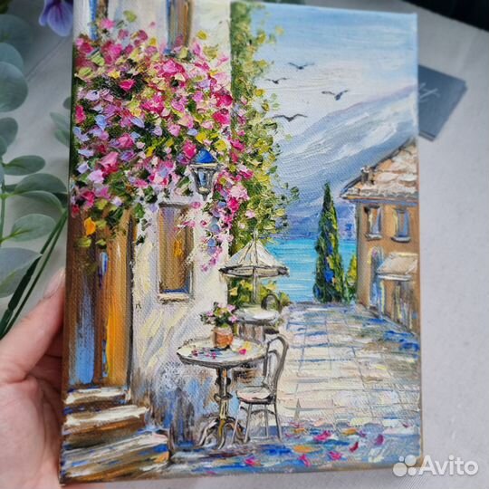 Картина маслом пейзаж средиземноморье море цветы