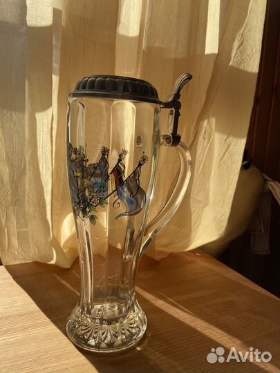 Стеклянная пивная кружка с крышкой +2 керамики