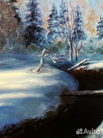 Картина маслом зимний пейзаж Зимняя река 40х50 см