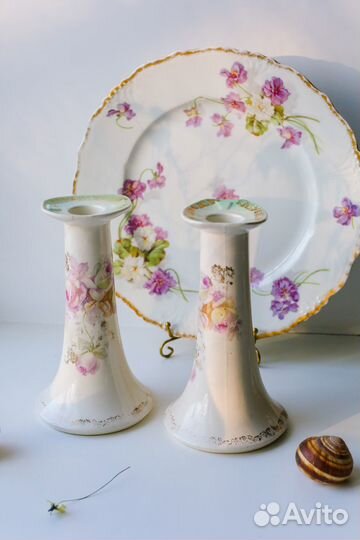 Антикварные фарфоровые парные подсвечники с розами