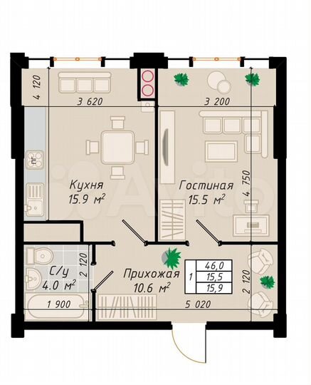 1-к. квартира, 46 м², 6/10 эт.