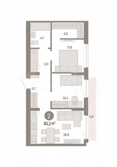 2-к. квартира, 61,1 м², 7/9 эт.