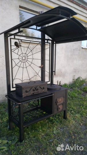 Мангал с крышей кованый и печкой под казан