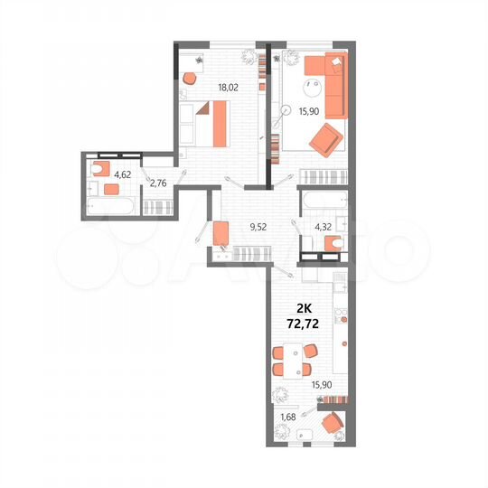2-к. квартира, 72,7 м², 1/13 эт.
