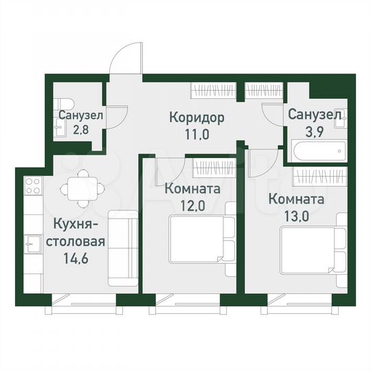 2-к. квартира, 57,2 м², 3/3 эт.