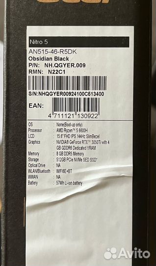 Новый Acer R5-6600H, RTX 3050Ti 95W, DDR5