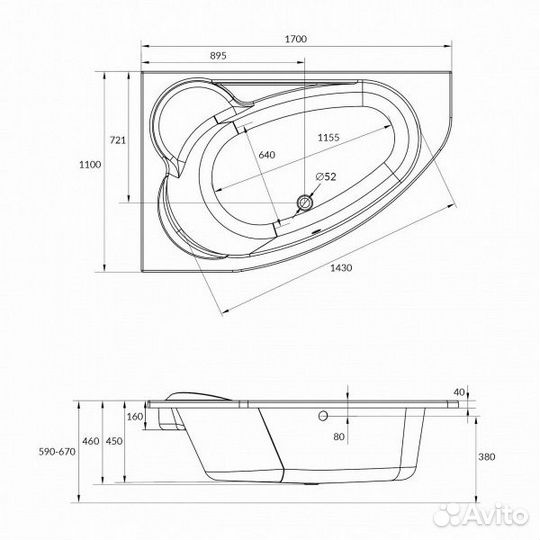 Ванна асимметричная Cersanit kaliope 170x110