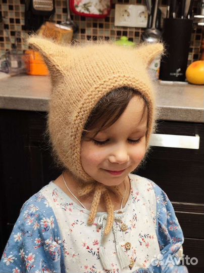 Шапка чепчик вязаный с ушками рожками детский