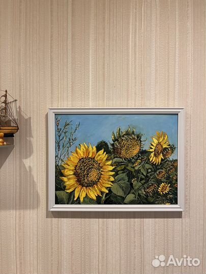 Картина маслом на холсте подсолнухи для интерьера
