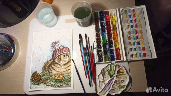 Картина акварелью Новогодний кот