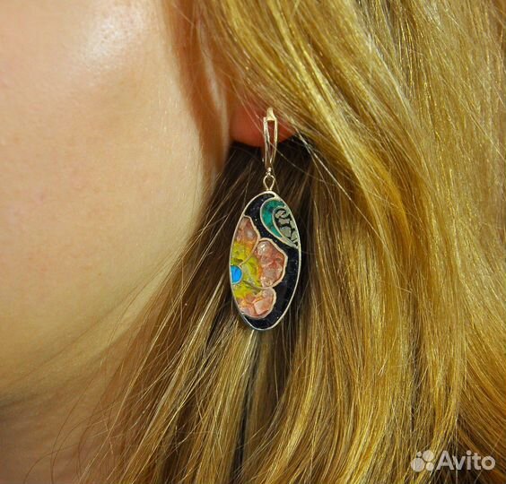 Серьги кольцо с котиками, эмаль, инкрустация