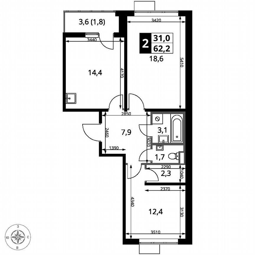 2-к. квартира, 62,2 м², 14/24 эт.