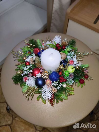 Новогодняя композиция со свечой, подсвечник